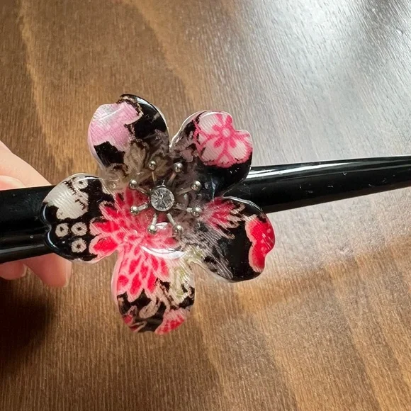 Japanese Floral Black Hair Clip pin red - Picture 6 of 6